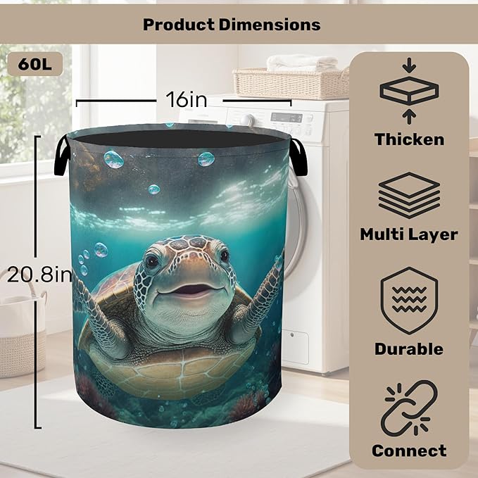 Cute Sea Turtle Foldable Canvas Laundry Basket with Handles - Toy Organizer, Heavy Duty for Home，Bedroom, Dorm, Bathroom