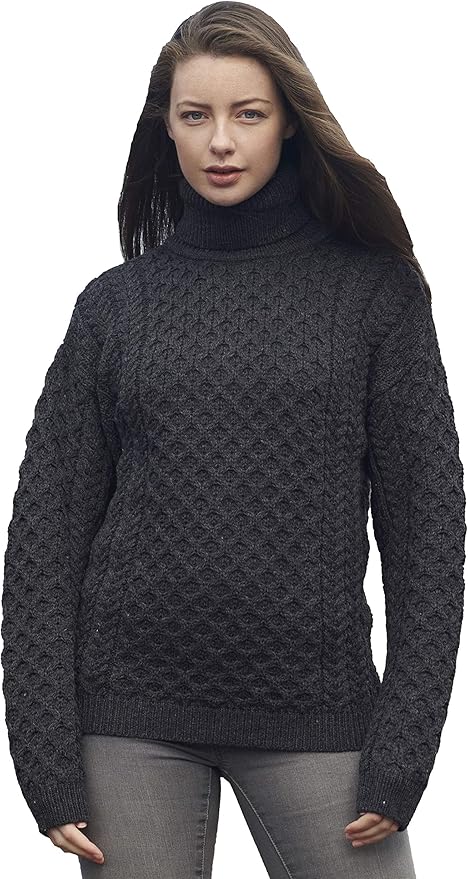 Aran Crafts Unisex Irish Cable Knitted Soft Roll Neck Sweater (100% Merino Wool)