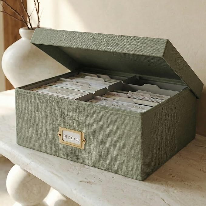 ZICOTO Decorative Photo Storage Box - Sturdy Linen Photo Organizer with Dividers is Perfect to Store Up to 1700 Pictures and 4x6 Photos - Portable Scrapbook Storage Containers with Lid