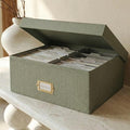 ZICOTO Decorative Photo Storage Box - Sturdy Linen Photo Organizer with Dividers is Perfect to Store Up to 1700 Pictures and 4x6 Photos - Portable Scrapbook Storage Containers with Lid