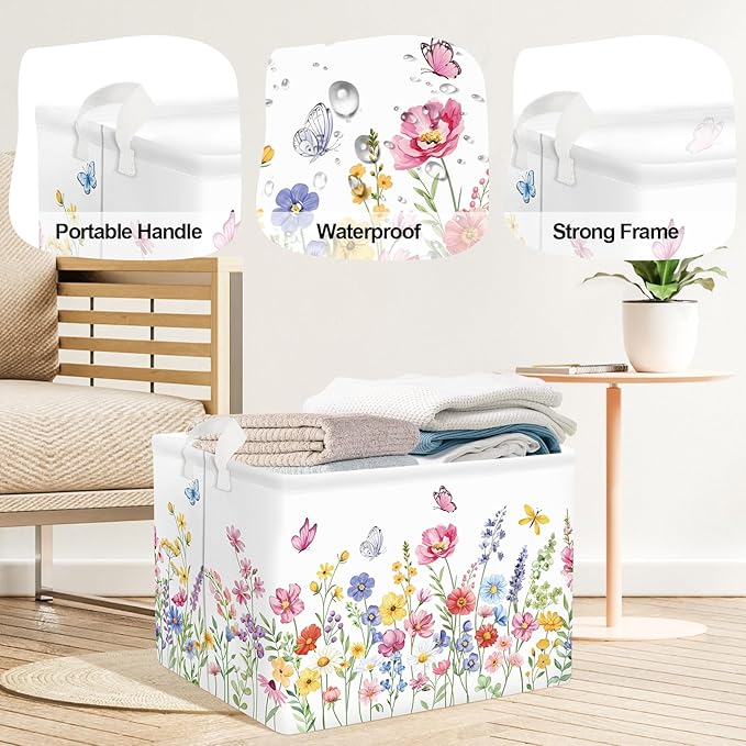 Colourful Flowers Laundry Hamper Large Storage Basket Floral Collapsible Adult Organizer Kids Clothes Toys Bins for Bedroom, Bathroom, Pinkish Purple, 36L