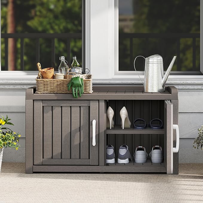 KAMABOKO Shoe Storage Cabinet Waterproof UV-Resistant, Entryway Storage Bench Indoor Outdoor with 2 Barn Doors, Adjustable Shelves for Entryway, Bedroom, Hallway,Living Room(Grey)