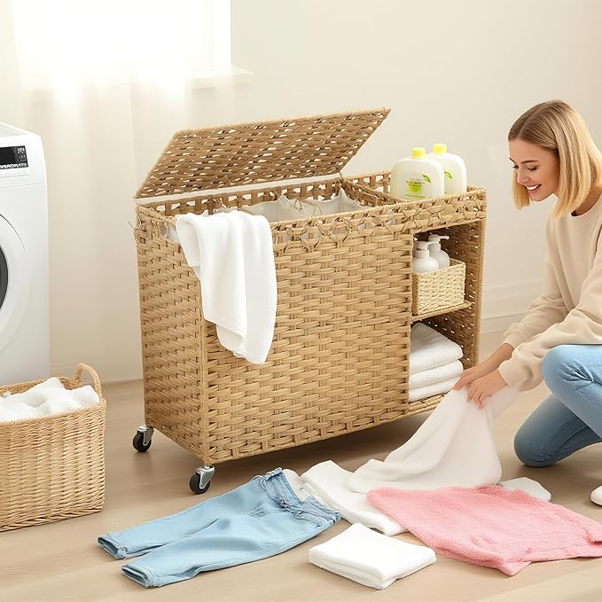 Laundry Hamper with Lid, 160L Rattan Wicker Laundry Basket with Wheels, Handwoven Laundry Hamper 3-Section with Storage shelf(42.3 Gal), Laundry Sorter Basket with Removable Liner, Natural HLH033N