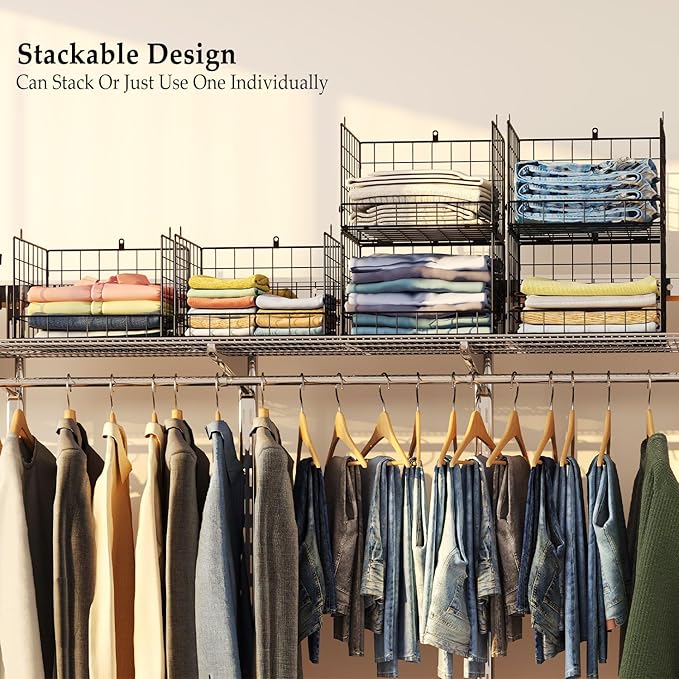 4 Pack Closet Organizers and Storage Shelves for Clothes, 4 Tier Stackable Closet Storage Basket Bin Container for Clothing Sweater Jean, Narrow, Foldable, Sturdy Metal System Organizer Shelf