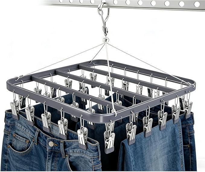 Clothes Drying Racks Clip Hangers Metal with 36 Clips Windproof Hook Underwear Hanger Foldable Laundry Clip for Socks Bras (Grey)