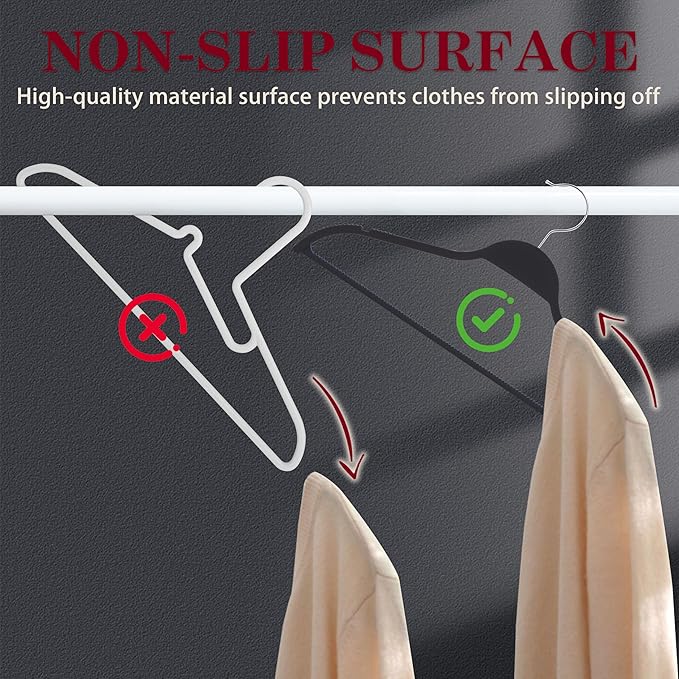 ELONG HOME Black Plastic Thin Hangers for Clothes, Upgraded Rubberized Hangers Non Slip, Durable Slim Clothing Notches Hangers, 17.7 Inches Wide for Adults Clothes, 28 Packs