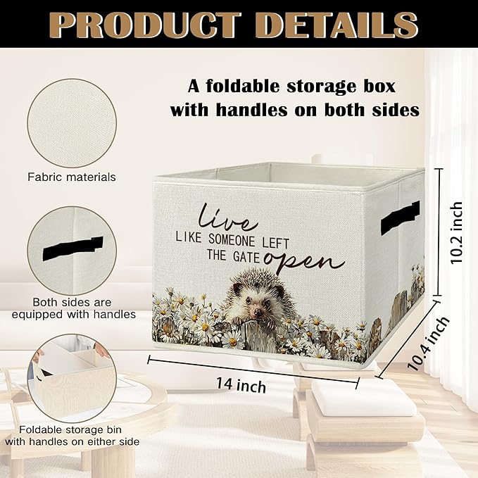 Rustic Hedgehog Storage Bins & Boxes with Handles, Farmhouse Hedgehog Foldable Basket for Organizing, Live Like Someone Left the Gate Open Collapsible Storage Basket for Bedroom Bathroom Clothes