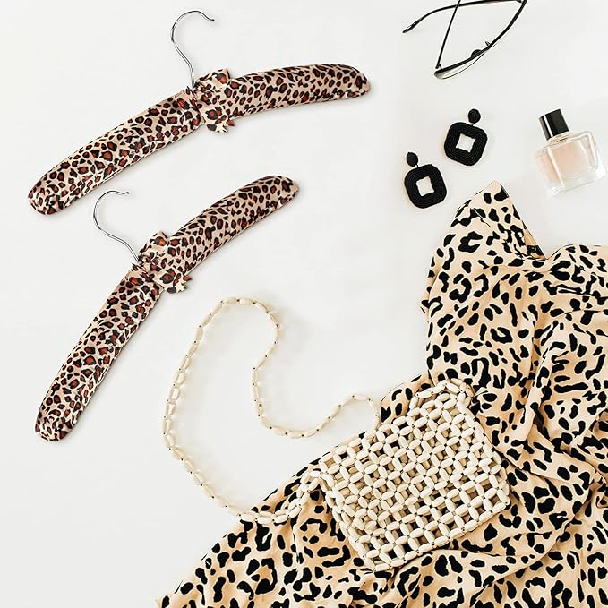 Jetec 24 Pieces Satin Padded Hangers with 360° Swiveling Hook Sponge Shoulder Pads Hanger for Coat, Sweaters, Blouse, Wedding Dress, Women Cloths(Leopard Style)
