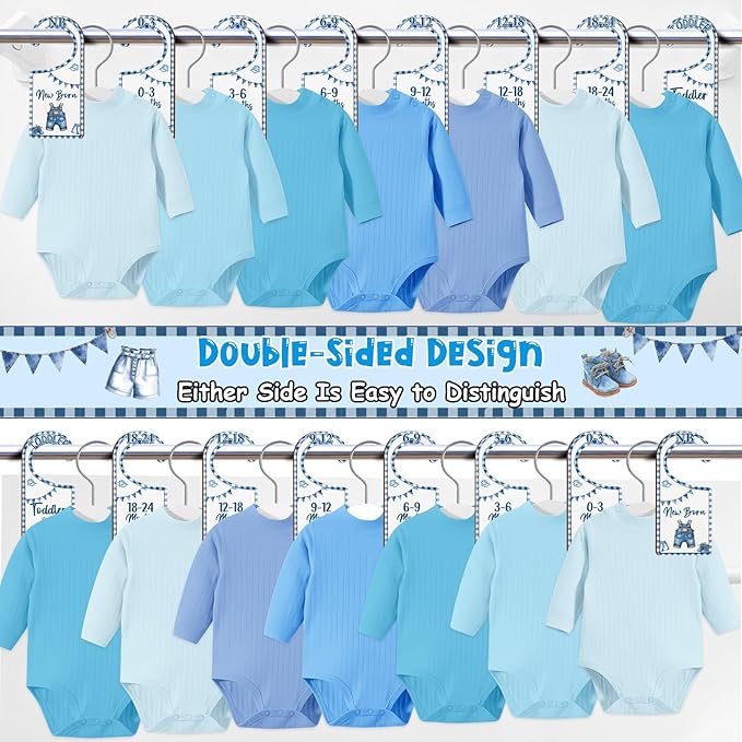 Baby Closet Dividers 8PCS, Denim Themed Wooden Double-Sided Clothes Size Hanger/Organizer from Newborn to Toddler, Blue Jean Nursery Decor Baby Shower Birthday Gender Reveal Party Gift