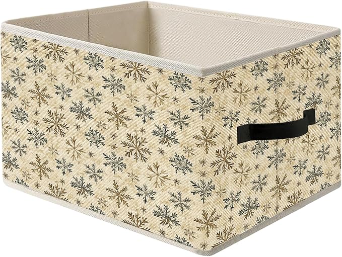 Vintage Winter Snowflake Neutral Christmas Storage Bin Box with Handles, Rustic Holiday Winter Christmas Foldable Organizer Basket Toybox for Home Bedroom Bathroom Clothes Toys Books