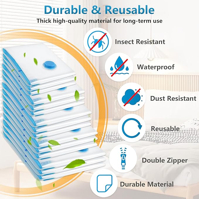 24 Pack Vacuum Storage Bags with Electric Pump，Space Saver Bags（5 Jumbo/5 Large/5 Medium/5 Small/4 Roll）,Compression for Comforters and Blankets, Sealer Clothes Storage