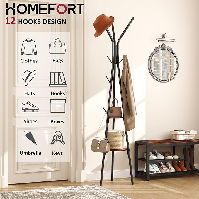 HOMEFORT Coat Rack, Coat Hanger Stand with 2 Shelves, Freestanding Hall Tree, Metal Hat Hanger with 12 Hooks for Clothes Hats and Scarves, Black and Rustic Brown,15.7" Wx15.7 Dx72.8H