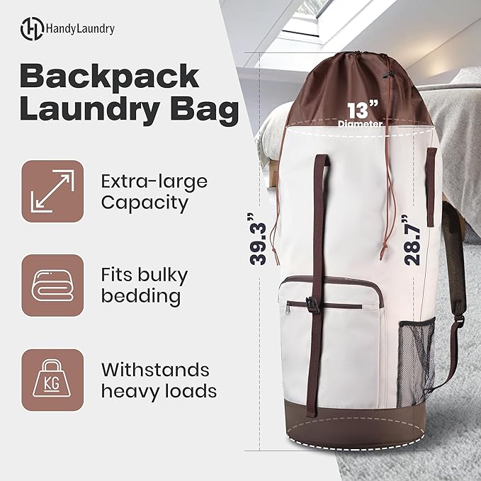 Laundry Backpack - XL Heavy Duty Laundry Bag Holds 3-4 Loads - Adjustable Straps, Drawstring Closure, Pockets & Handles - Durable Hamper for College, Travel & Laundromat - Beige