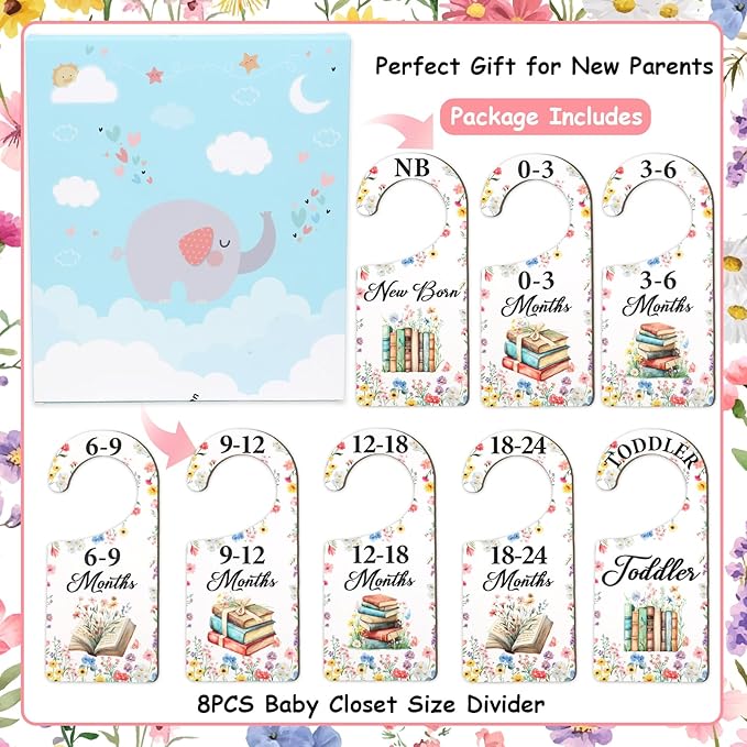 Baby Closet Dividers 8PCS, Storybook Themed Wooden Double-Sided Clothes Size Hanger/Organizer from Newborn to Toddler, Boho Wildflower Nursery Decor Baby Shower Birthday Party Gift