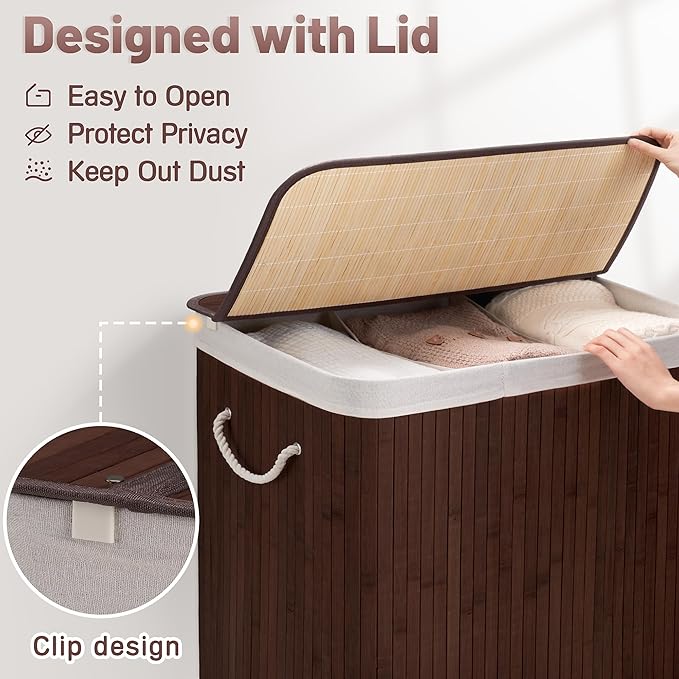 150L Laundry Hamper with lid, 3-Section Clothes Laundry Basket with Handles, Large Collapsible Bamboo Baskets for Bedroom, Bathroom, Dorm, Brown