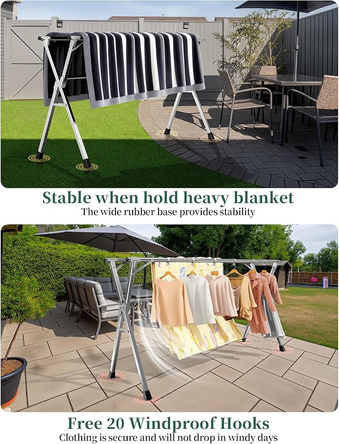 79 Inches Heavy - Duty Stainless Steel Folding Clothes Drying Rack Clothing Indoor Outdoor Anti-Rust 20 Windproof Hooks Portable & Foldable Laundry Rack (79'')