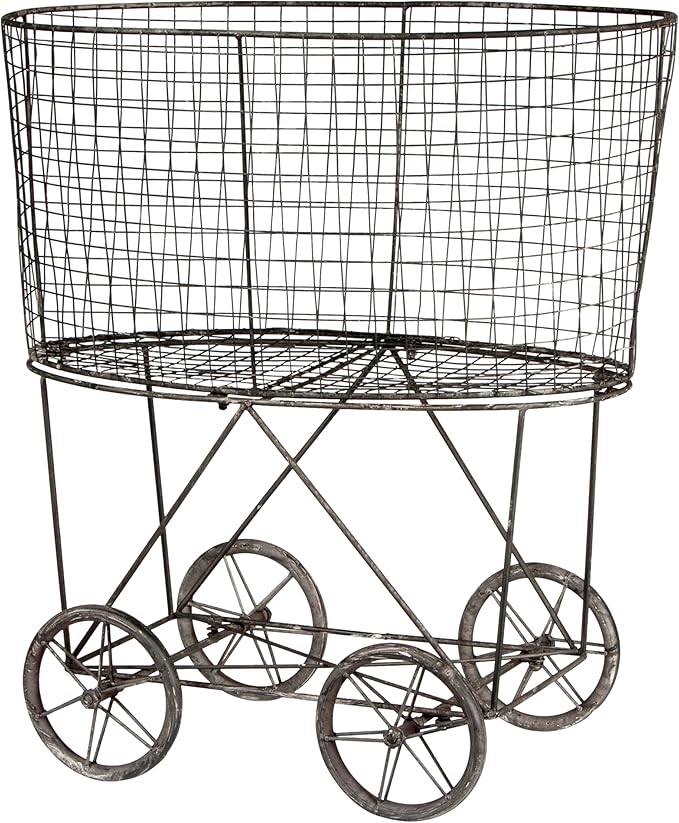Creative Co-op Vintage Metal Laundry Basket with Wheels 25" x 15" x 26 3/4" (W x D x H)