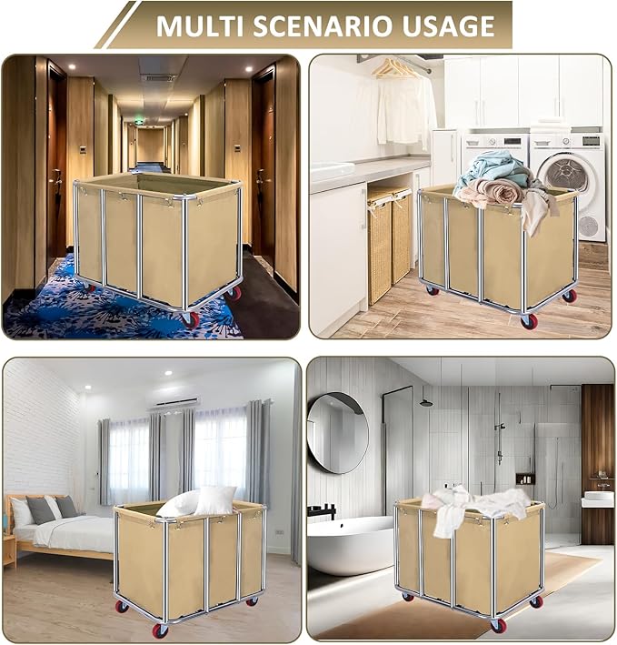 Commercial Laundry Cart with Wheels,Commercial Laundry Basket 11.35 Bushel(400L),Industrial Laundry Cart with Stainless Steel Frame and Oxford Cloth,440LB Load(Beige)