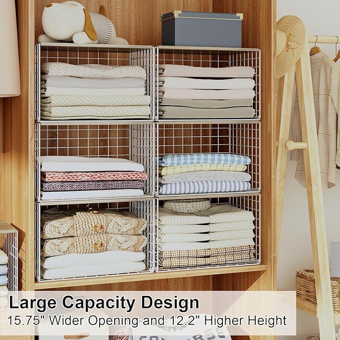 Closet Organizers And Storage Shelf, 3Pack Stackable Closet Storage Bin Basket For Clothes Sweaters With Top Board, Widened Opening, Heightened Height, Large Capacity Sturdy Clothing Storage Organizer