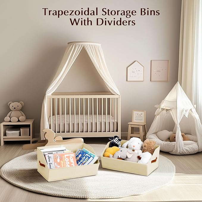 Closet Organizers and Storage Bins - 4 Pack Collapsible Divided Trapezoidal Cube Storage Bins Baskets with Orange Handle for Organizing Clothes Blankets, Toys, Books, Towels(Beige)
