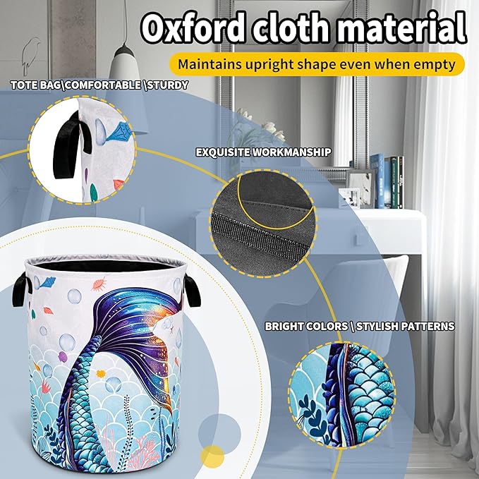 Blue Purple Mermaid Tail Laundry Basket Beautiful Foldable Oxford Cloth Funny Tote Bag Laundry Hamper Clothes Storage Bucket Toy Organizer For Bathroom/Laundry Storage/Bedroom 18.9x16.5 In