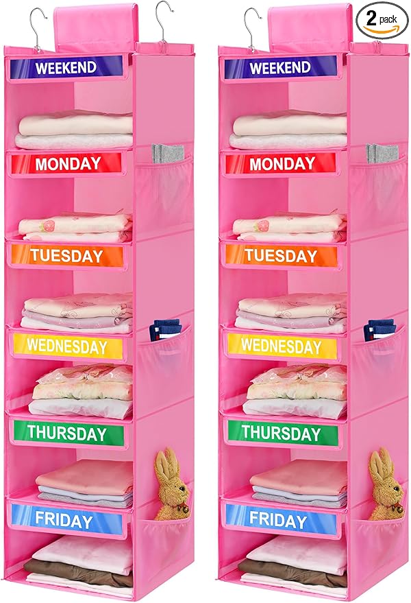 2 Pack 6-Shelf Weekly Clothes Organizer for Kids, Hanging Daily Closet Organization with 6 Side Pockets, Days of The Week Clothing Divider Storage for Boys and Girls (Pink)
