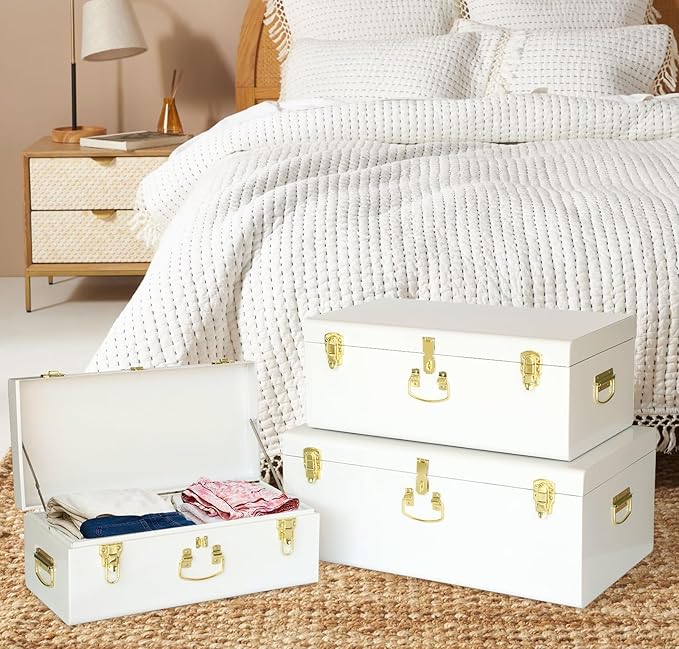 Vixdonos Decorative Box Set of 3 Metal Trunks Chest with Safety Lock Clasp for Treasure Organization and Home Dorm Decor,26.8x16.5x11Inches