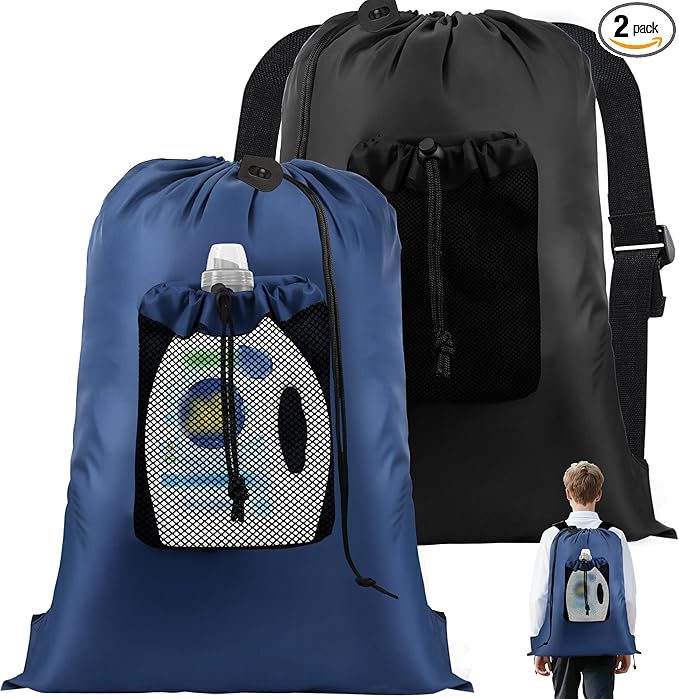 2-Pack Backpack Laundry Bags, Heavy Duty Laundry Bag Backpacks with Adjustable Shoulder Straps, Door Hanging Washing Bag, Laundry Hamper Lining for College Dorm, Travel, Laundromat
