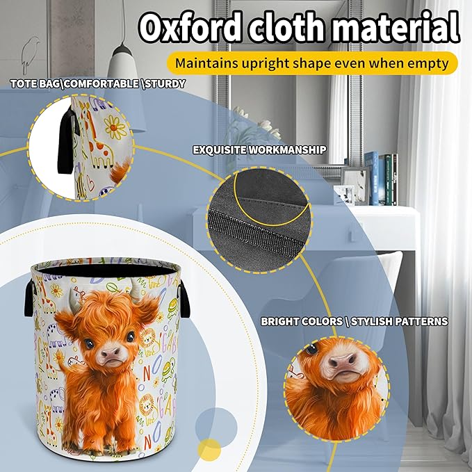 Cute Highland Cow Laundry Basket Calf Foldable Waterproof Oxford Cloth Funny Tote Bag Laundry Hamper Clothes Storage Bucket Toy Organizer For Bathroom/Laundry Storage/Bedroom 18.9x16.5 Inch