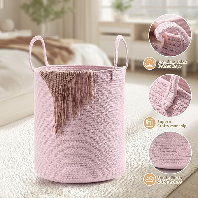 2-Pack Extra Large Cotton Rope Hamper Baskets – 15"x18" Oversized Woven Storage Bins for Blankets, Toys, Dirty Clothes – Pink & Beige Decorative Hamper for Nursery, Living Room, Laundry Room
