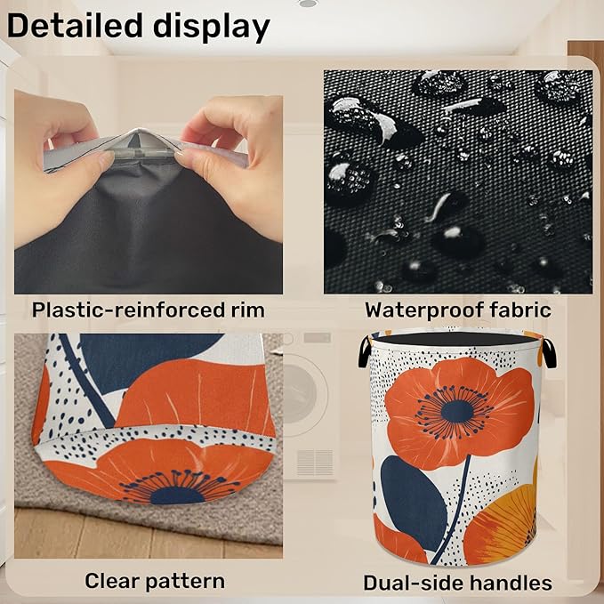 Modern Minimalist Red Flowers Foldable Canvas Laundry Basket with Handles - Storage Organizer, Heavy Duty for Home，Bedroom, Dorm, Bathroom