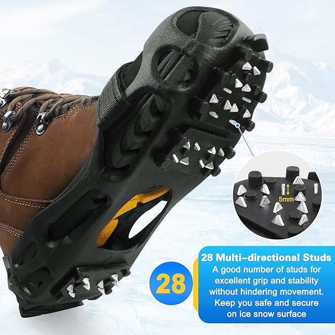 Ice Snow Cleats for Shoes and Boots Non Slip Crampons Ice Shoes Grippers 28 Studs Walk Traction Cleats for Women Men with Adjustable Straps for Hiking Walking Ice Fishing