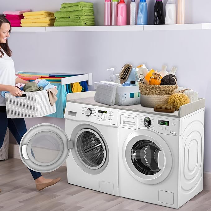 Washer Dryer Countertop with Non-Slip Pad, Wood Washer and Dryer Countertop with Edge Rails for Laundry Room Organization and Storage, 54" L x 27.5" W(Light Grey Marble)