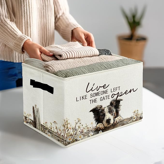Border Collie Gifts Storage Bins with Handles, Rustic Farmhouse Dog Foldable Basket for Organizing, Live Like Someone Left the Gate Open Collapsible Storage Basket for Bedroom Bathroom 630-snh