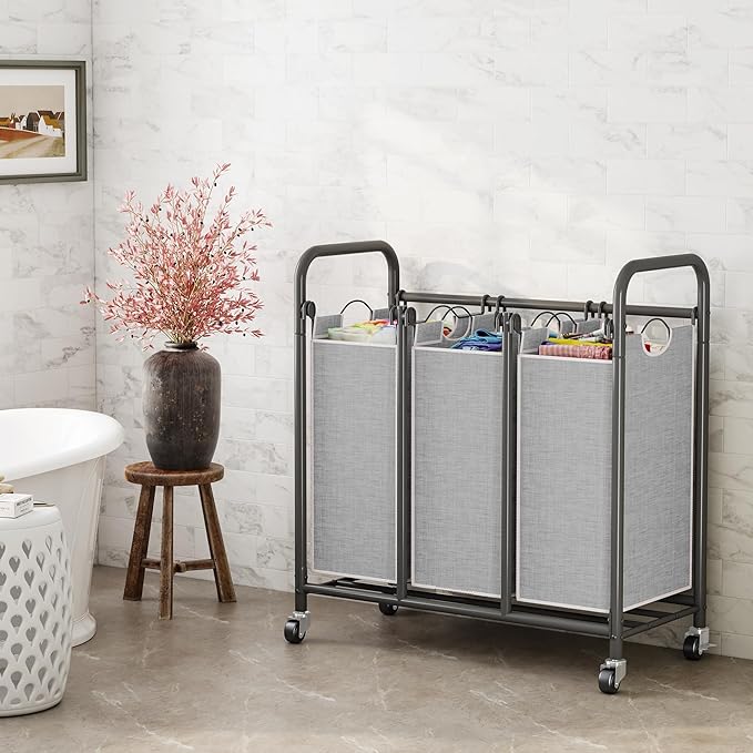 HOMEIJU 3-Bag Laundry Sorter, Laundry Hamper Cart with Heavy Duty Rolling Lockable Wheels and Removable Bags, Laundry Organizer Basket Clothes Separator Hamper, Grey