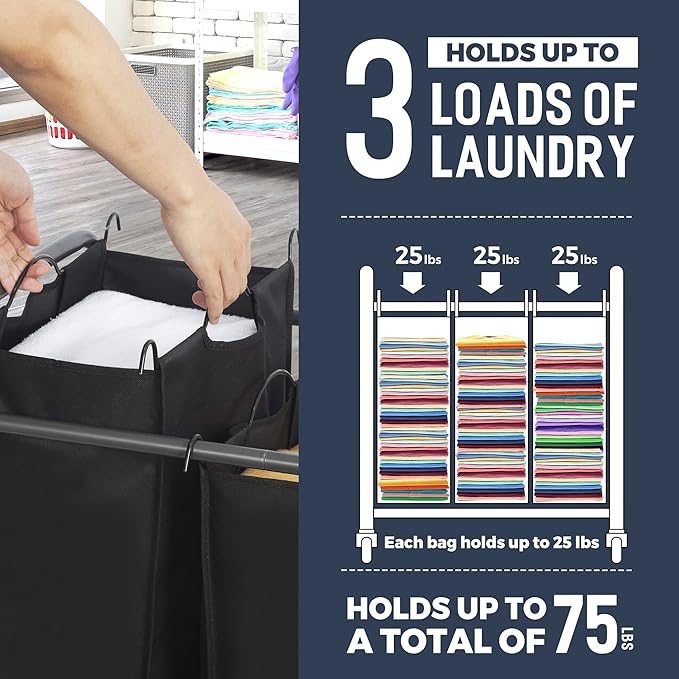 STO STO Laundry Sorter 3 Section, 3 Bag Clothes Hamper, Rolling Laundry Cart Basket with Heavy Duty Lockable Wheels and Removable Bag for Laundry Room, Bedroom, Closet, Black