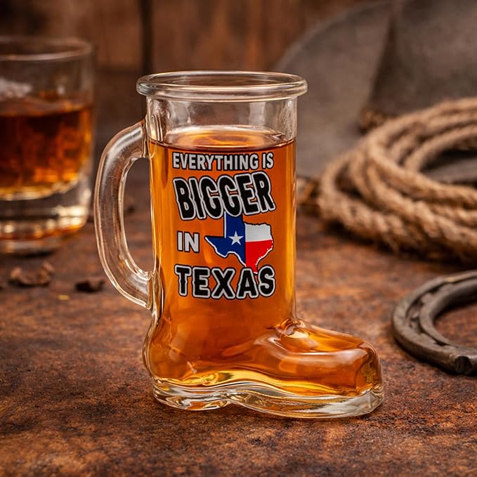 Texas Boot Shot Glass – Everything is Bigger in Texas | Cowboy Boot Shaped Western Glassware | Funny Souvenir Gift, Novelty Party Favor, Country Decor, Collectible Bar Accessory