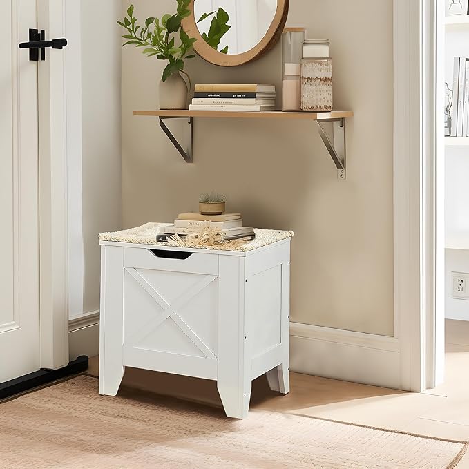 VECELO 17.7" Storage Bench, Entryway Shoe Ottoman, Farmhouse Style Bench with Handwoven Cushion and Metal Safety Hinges, for Bedroom, Living Room, Entryway, White