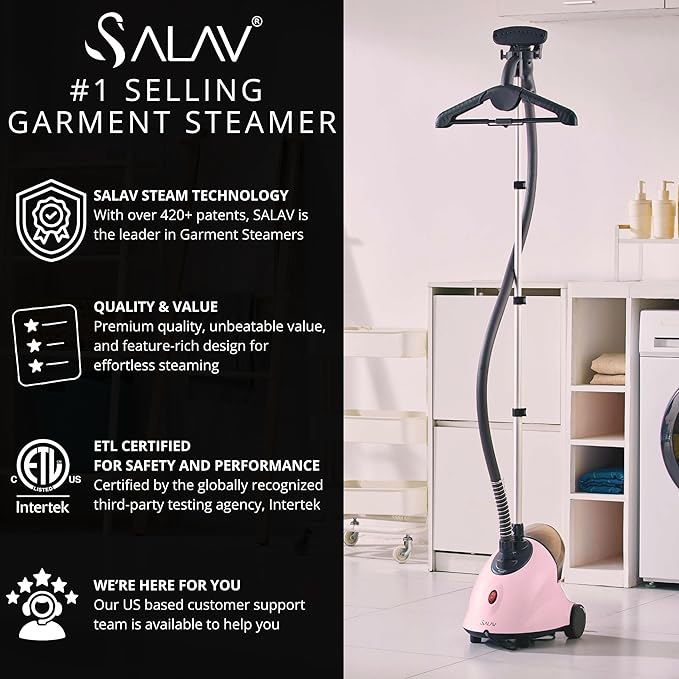 SALAV GS18-DJ Standing Garment Steamer with Roll Wheels for Easy Movement, 1.8L Water Tank for 1 Hour Continuous Steaming, Adjustable Pole for Storage, Includes Descaler Packet, 1500 watts - Pink