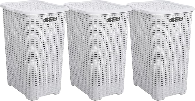 Plastic Laundry Hamper with Lid 3 Pack Laundry Hamper Basket, White Smoke Tall Cloths Hamper Organizer with Cut-out Handles. Space Saving for Laundry Room Bedroom Bathroom, Wicker Design 60 Liter