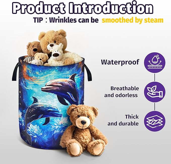 Dolphin Lotus Laundry Basket Ocean Foldable Oxford Cloth With Handle Portable Fish Storage Basket Organizer Suitable For Laundry Room/Living Room/Bedroom/Children'S Room (18.9 X 16.5 Inch)