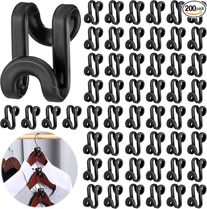 Unittype 200 Pcs Space Saving Hanger Hooks, Clothes Hanger Connector Hooks, Heavy Duty Space Saver Extender Clips for Closet Organizers (Black)