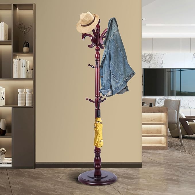 Solid Wood Coat Rack Freestanding with 14 Hooks Antler Shaped,72'' Adjustable Heights Sturdy Coat Racks Tree for Coats Hats Bags,Vintage Wood Coat Tree Hanger Stand for Living Room,Entryway,Office