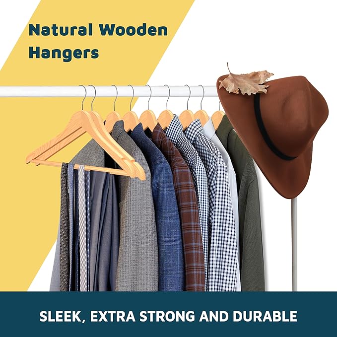 Lifemaster Wooden Hanger Set - 50 Pieces Non-Slip Versatile Closet Space-Saving Hanger Set for Suit, Coat, Camisole, Jacket, Pants, and Dresses with Rotating Swivel Hook - Natural Wood