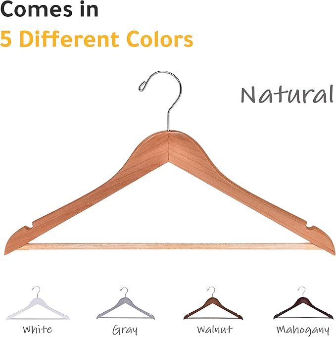 Quality Wooden Hangers - Slightly Curved Hanger Set - Solid Wood Coat Hangers with Stylish Chrome Hooks - Heavy-Duty Clothes, Jacket, Shirt, Pants, Suit Hangers (Natural, 10)