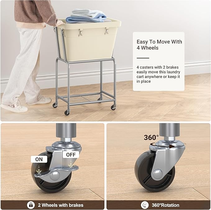 ELYKEN Rolling Laundry Hamper with Wheels, Laundry Cart with Removable Bag, Heavy Duty Metal Frame, 2-Tier Clothes Basket Hamper with Shelf for Closet, Bedroom, Bathroom, Laundry Room, Cream