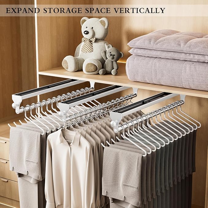 2 Pack Pull Out Closet Rod, 13.7inch Heavy Duty Pants Rack, Adjustable Clothes Hanger Rail, Space Aluminum Valet Rod, Top Mounted Wardrobe Clothes Organizer, Closet Storage for Trousers Coats White