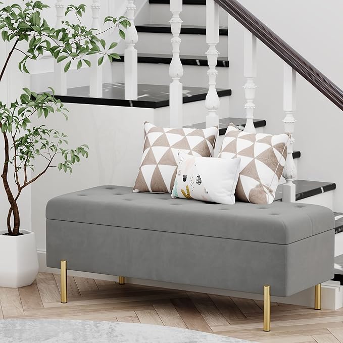 Andeworld Velvet Storage Bench, Modern Bedroom Bench, Upholstered Tufted Large Settee Ottoman with Storage Bench for Bedroom,Living Room,Entryway,Grey
