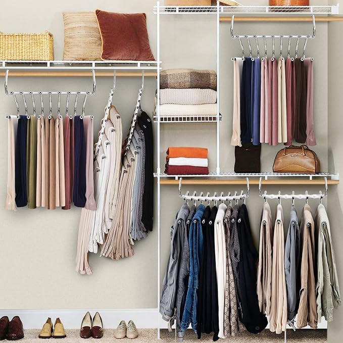 Upgrade 9 Layers Pants Hangers Space Saving, 2 Pack Multifunctional Pants Rack Non Slip Stainless Steel Clothes Space Saver Hangers Closet Organizers Storage for Pants Jeans Leggings, Creamy White