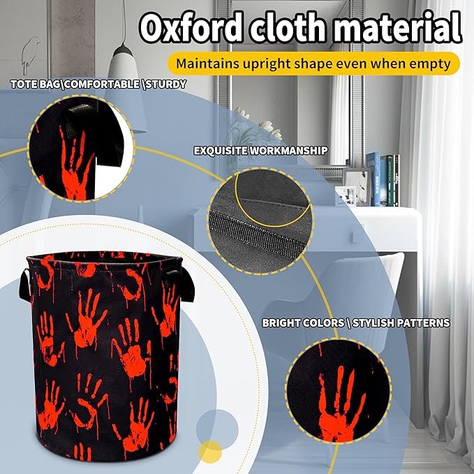 Blood Spatter Hand Print Laundry Basket Blood Drop Pattern Foldable Oxford Cloth Funny Tote Bag Laundry Hamper Clothes Storage Bucket Organizer For Bathroom/Laundry/Bedroom 18.9x16.5in